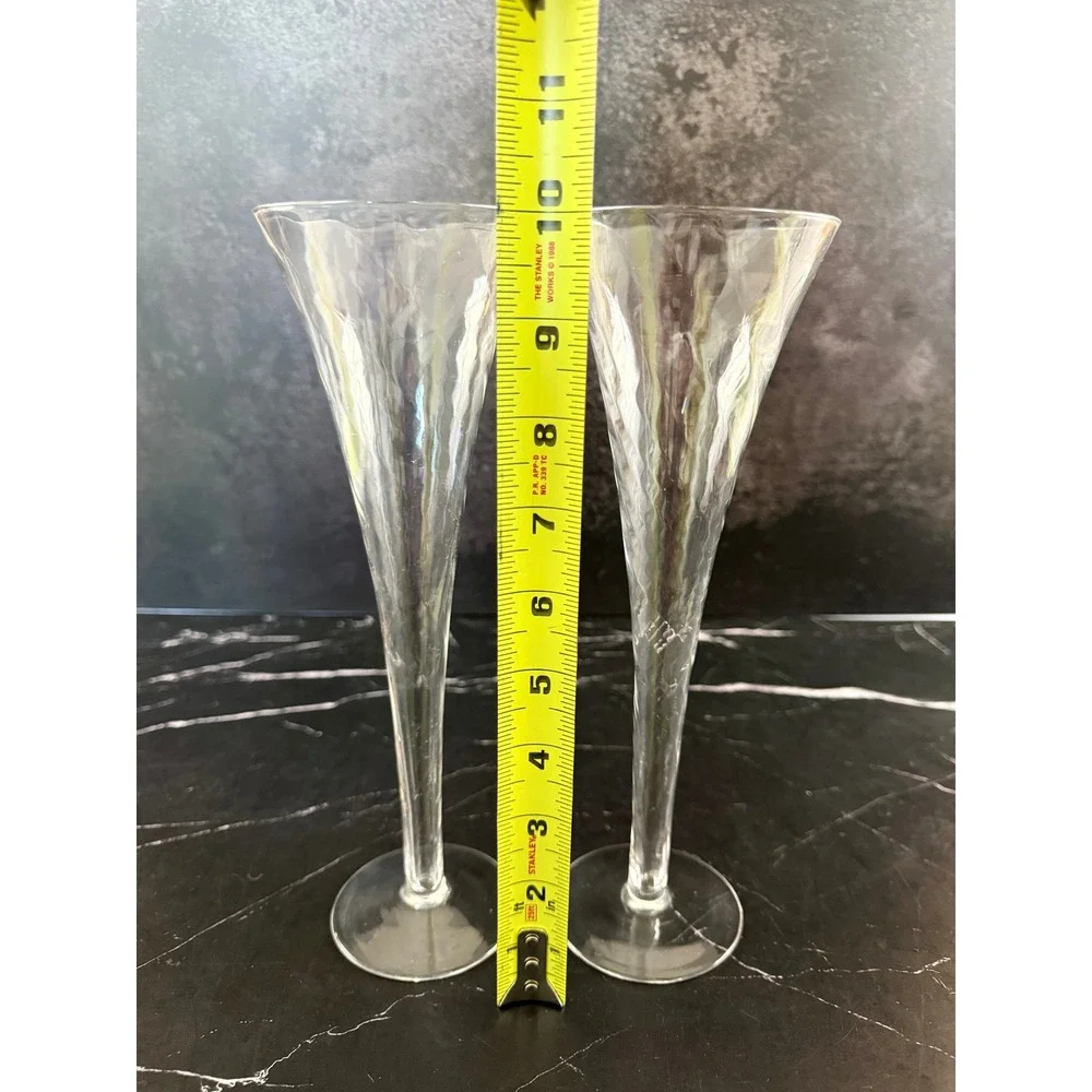 PAIR (2) Trumpet Hollow Stem Diamond Swirl 10 1/8in Champagne Glasses